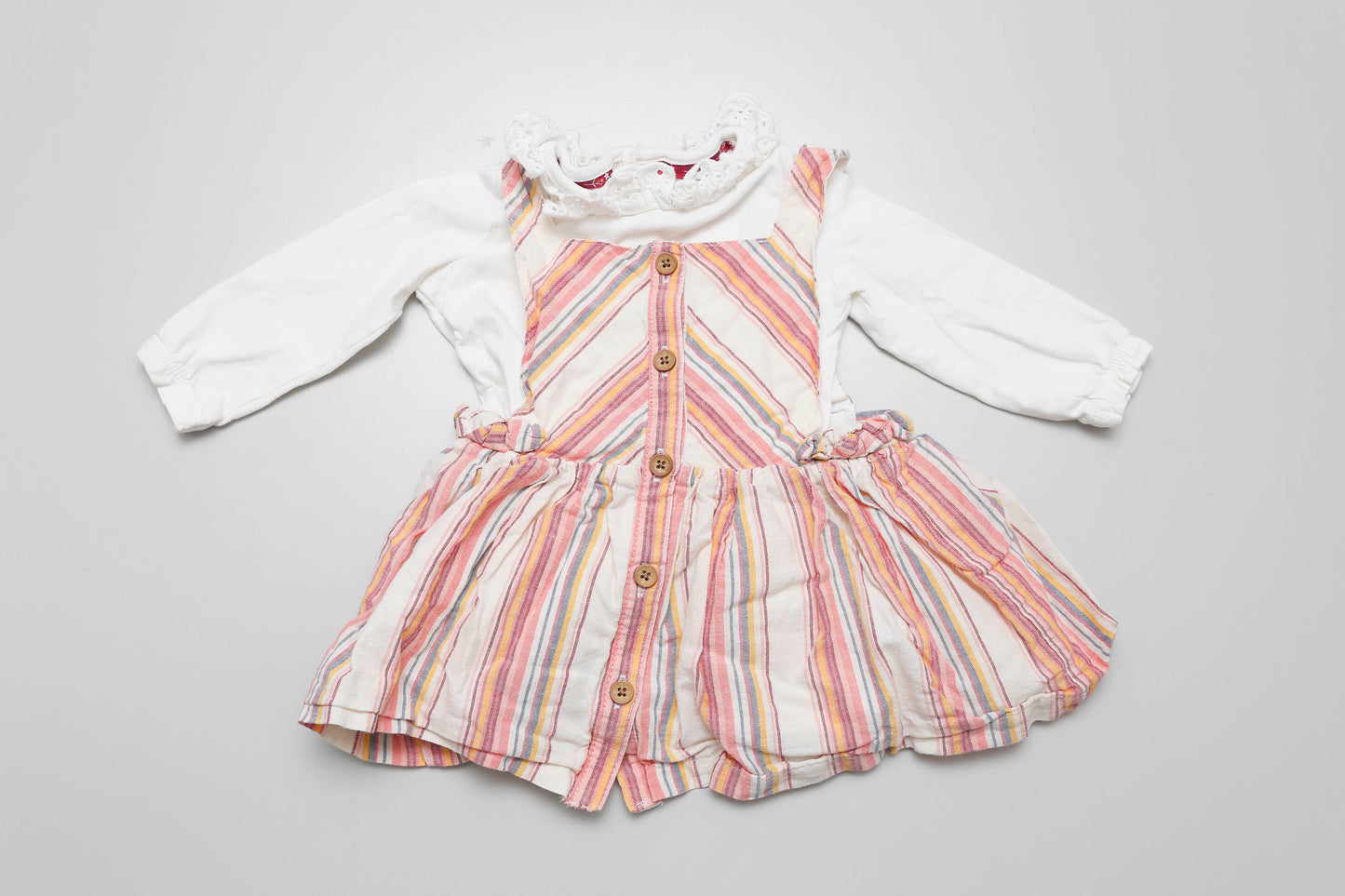 Wunderschönes pastellgestreiftes Kleid mit langärmeligem Poloshirt und weißem Kragen. Größe 68.