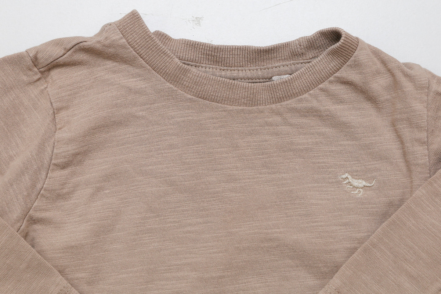 Sandfarbenes Langarmshirt mit kleinem gesticktem Dinosaurier (80) - KlugeMutti