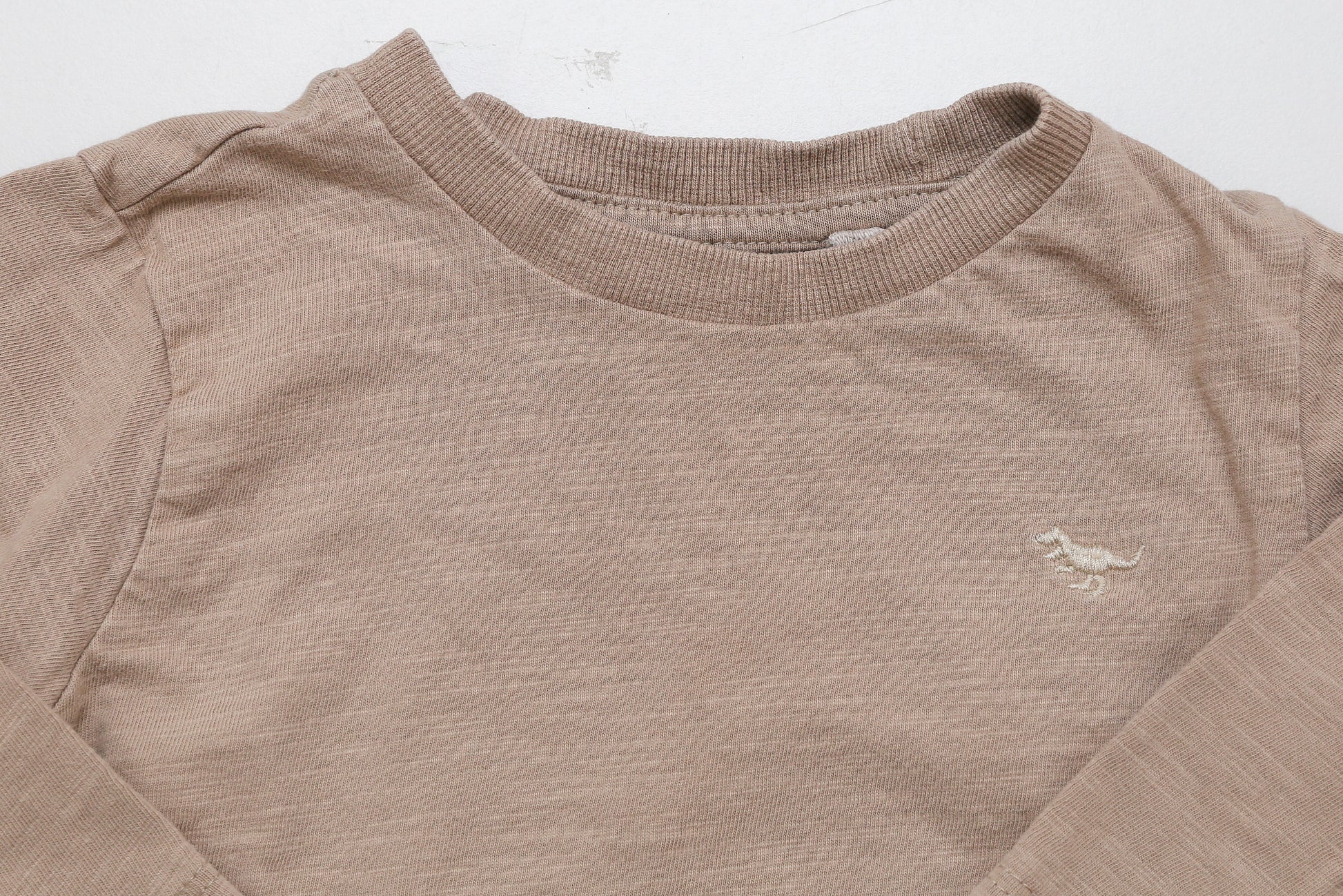 Sandfarbenes Langarmshirt mit kleinem gesticktem Dinosaurier (80) - KlugeMutti