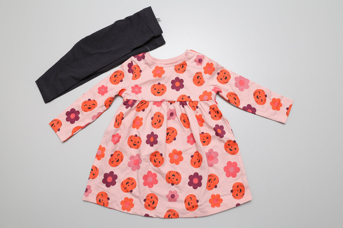 Halloween Mädchen Kleiderset - Kürbismuster-Mädchenkleid mit Leggings. Gr. 74.