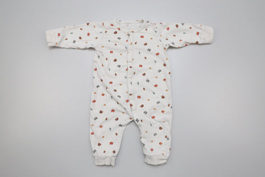 Beiger Baby-Strampler mit Blätter- und Eichhörnchenmuster aus dünnem Stoff, Größe 68, unisex

