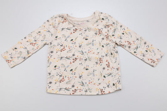 Beiges Baby-Langarmshirt mit Blumenmuster und zwei Schulterknöpfen, Größe 74, Primark